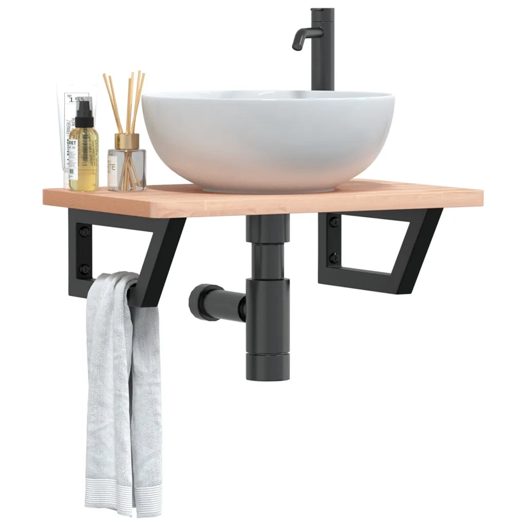 Ripiano a Parete per Lavabo in Acciaio e Massello di Faggio 3302359