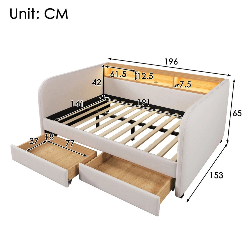 Letto Imbottito Contenitore con LED e 2 Cassetti ¨C Xylo ¨C Tessuto Beige Chiaro 140x190