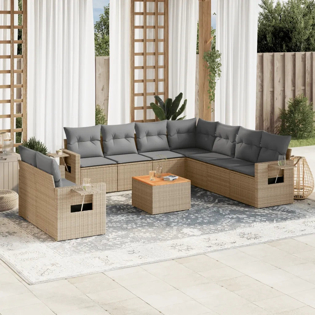 Set Divano da Giardino 10 pz con Cuscini Beige in Polyrattan