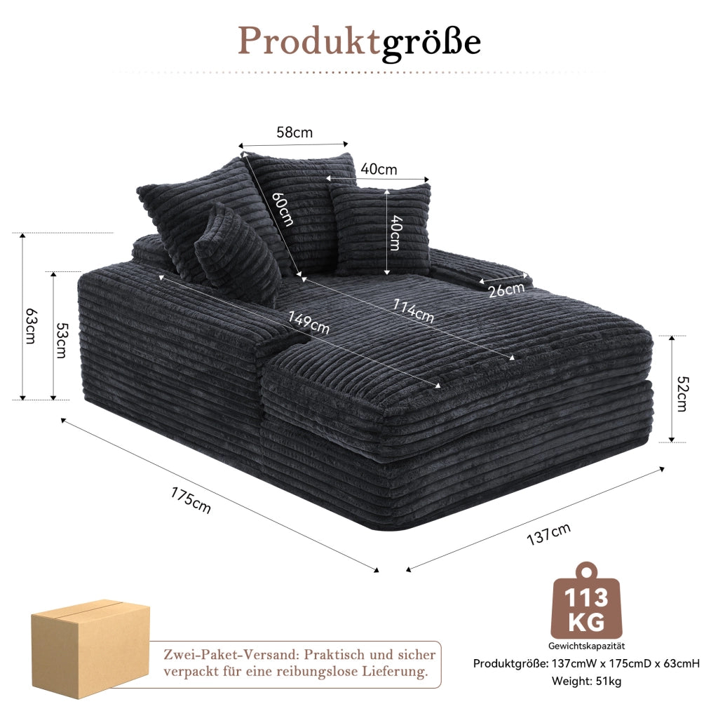 CHAISE LONGUE 137x175x63 cm in velluto a coste grigio