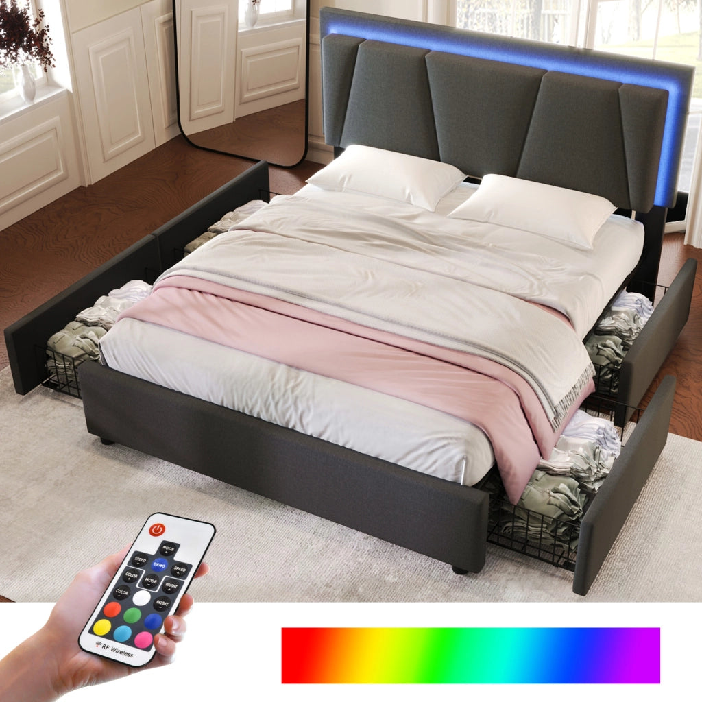 Letto Imbottito con LED e Cassetti ¨C MINIMAL ¨C Grigio, Testiera Regolabile, 140x200