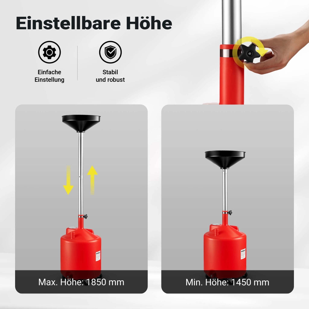 Recuperatore olio esausto a caduta con ruote, serbatoio 75 l, imbuto Ø 41 cm, carrello per recupero olio auto con ruote, altezza regolabile 145-185 cm, per cambio olio