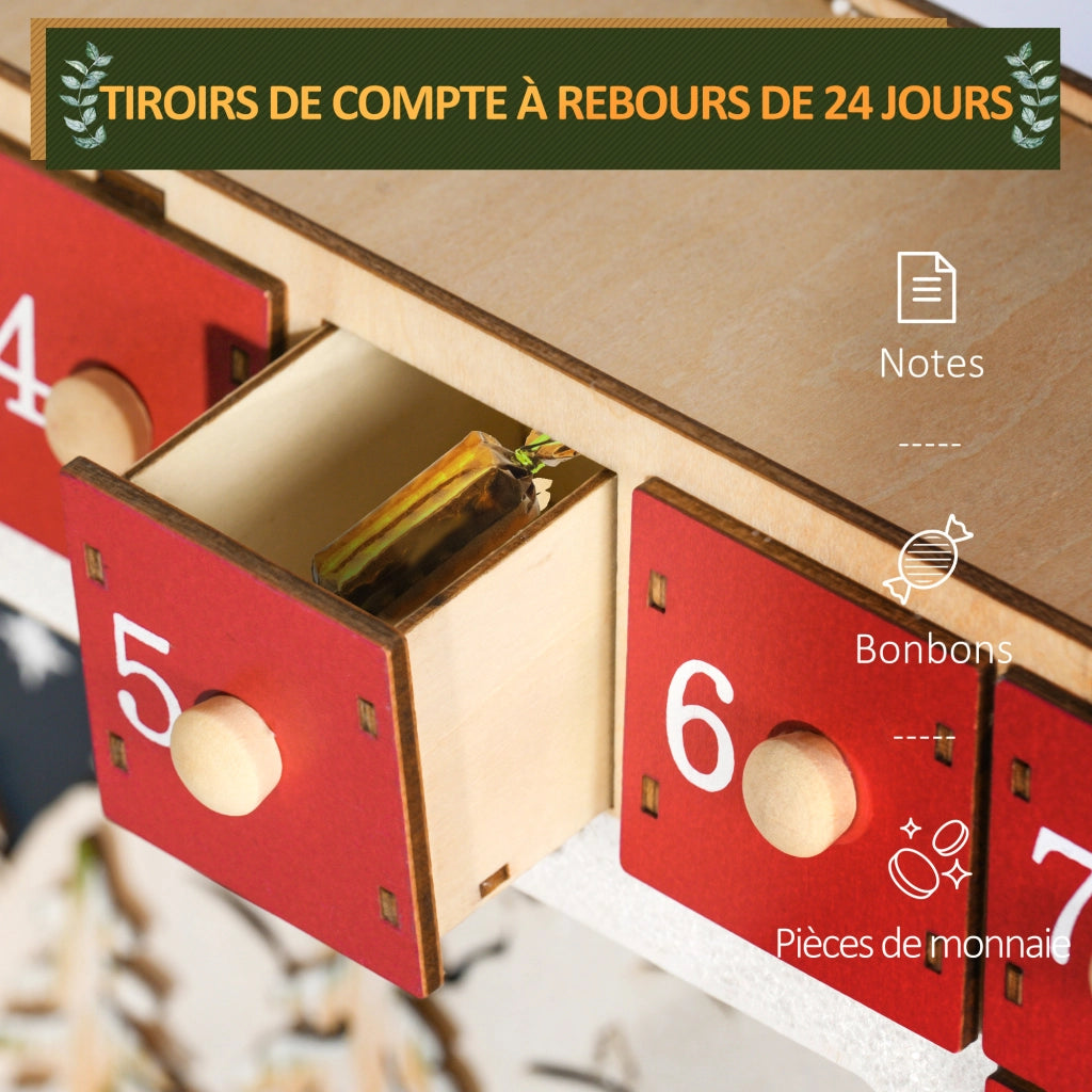 Calendario dell'Avvento LED ¨C Minimal ¨C Legno, Rosso, 24 Cassetti