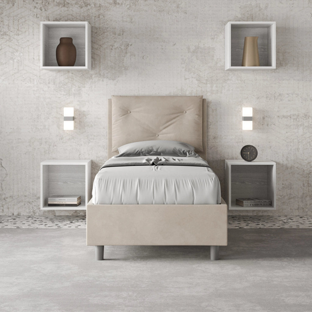 BS COM Letto singolo contenitore imbottito 90x190 microfibra sabbia