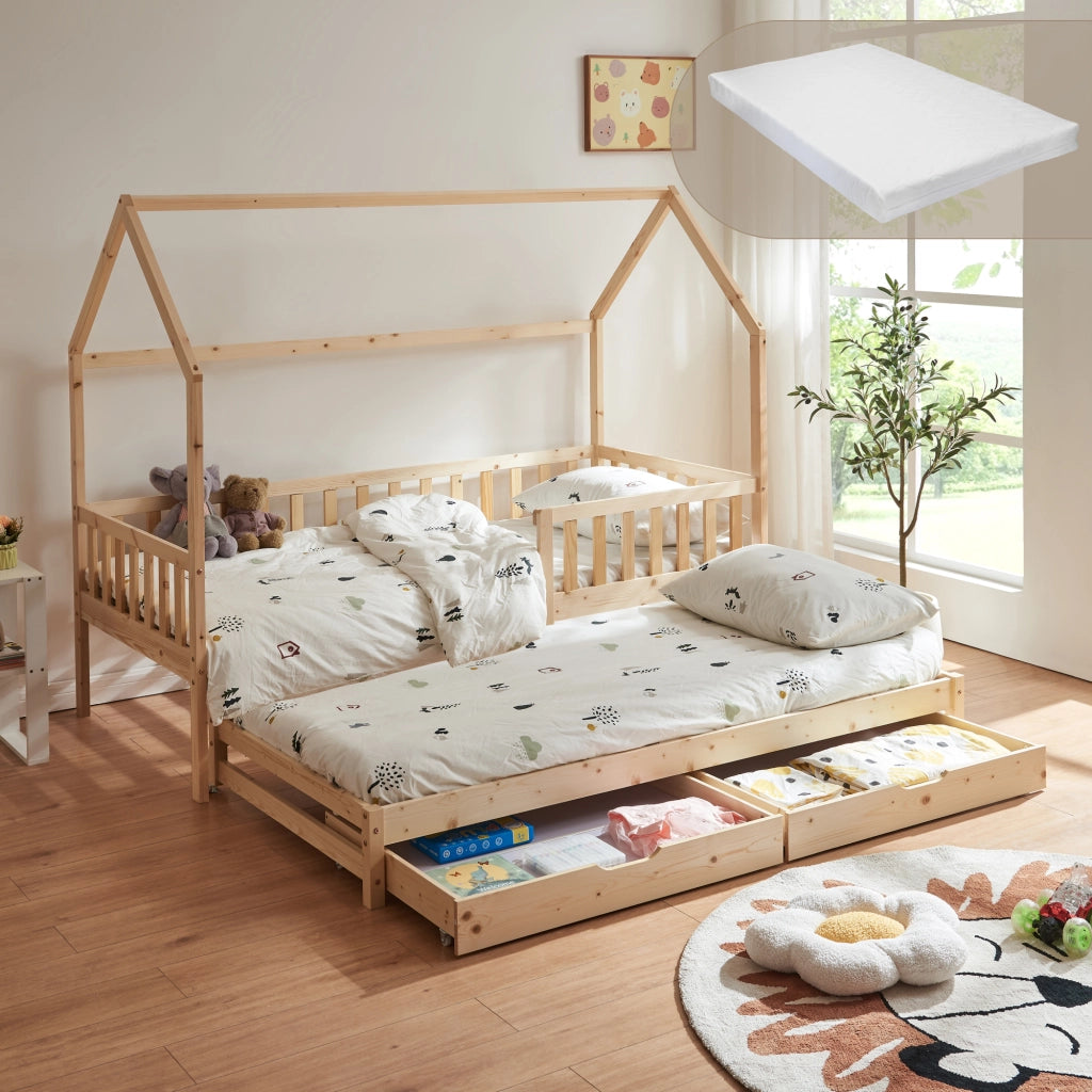 Letto a Casetta per Cameretta Aarghonmaa in Legno di Pino con Letto Estraibile 1 Materasso 90x200 cm e 2 Cassetti - Naturale [en.casa]