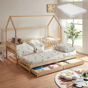 Letto a Casetta per Cameretta Aarghonmaa in Legno di Pino con Letto Estraibile 1 Materasso 90x200 cm e 2 Cassetti - Naturale [en.casa]