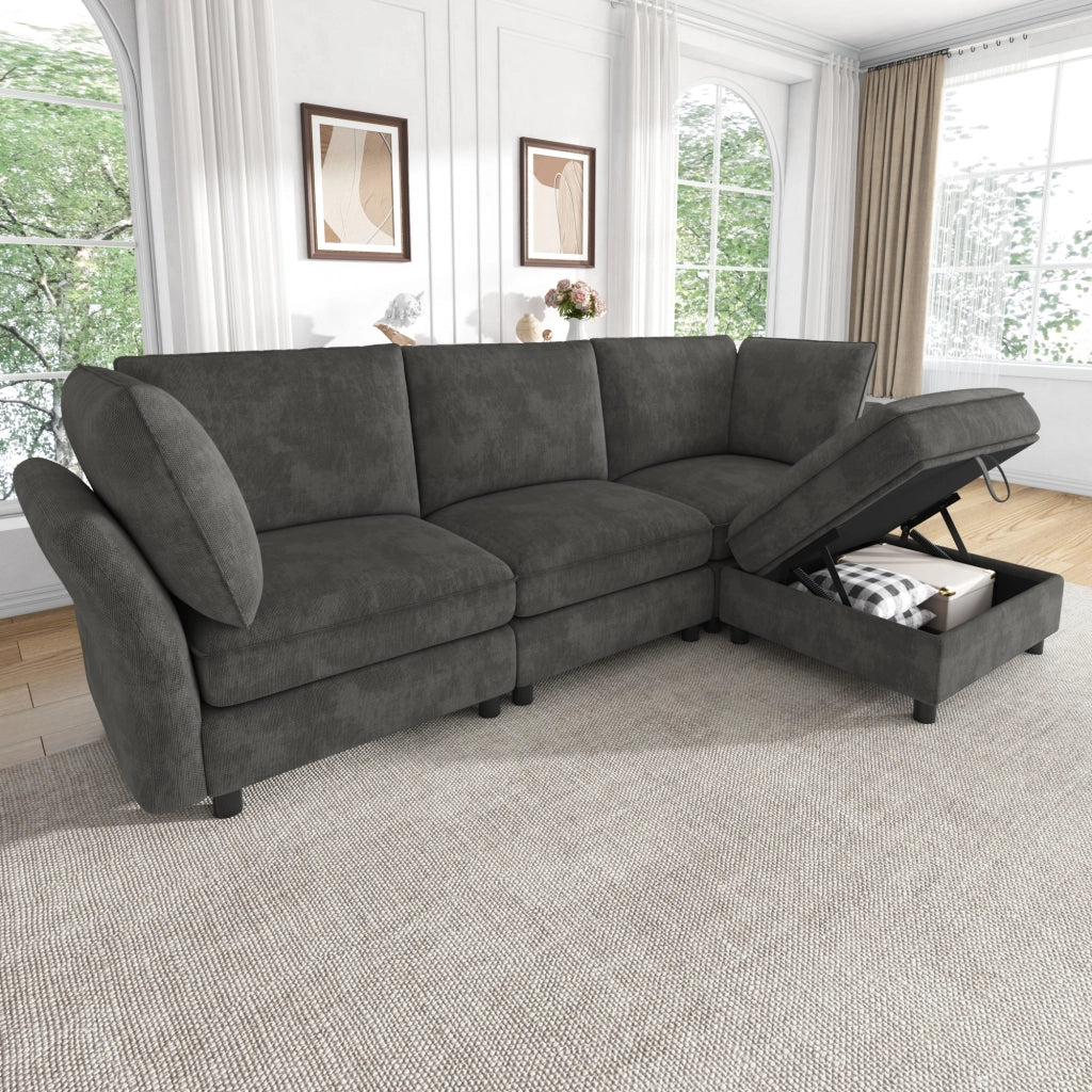 Divano modulare a L con pouf contenitore e cuscini in chenille grigio con braccioli ergonomici 4 5 posti