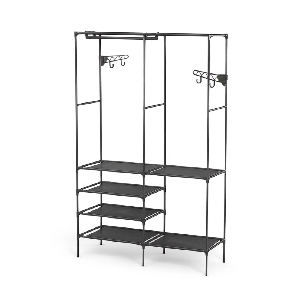 Armadio Salvaspazio Metallo e Tessuto 6 Ripiani Appendiabiti 108x36x170cm Nero
