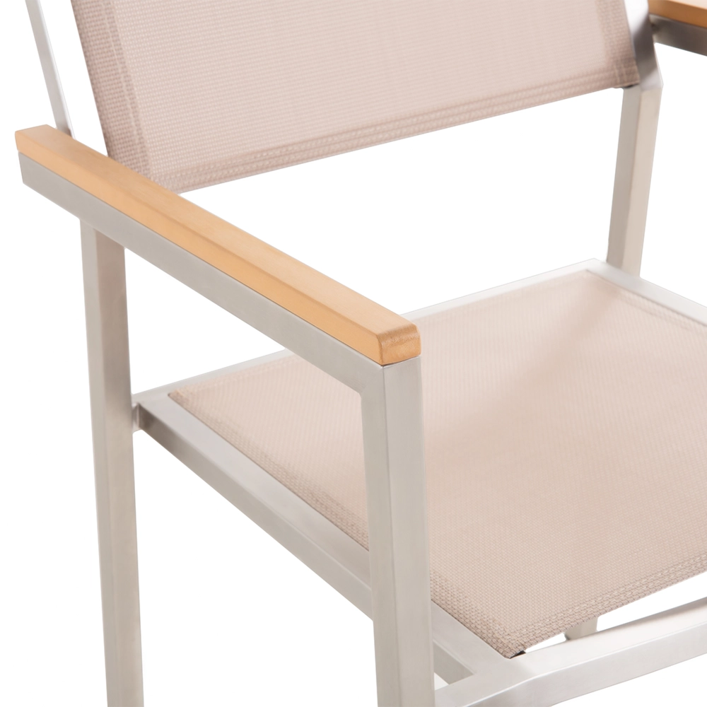 Set di 6 Sedie da Pranzo da Giardino Seduta in Tessuto Beige e Argento Gambe in Acciaio Inox Impilabili per Esterno