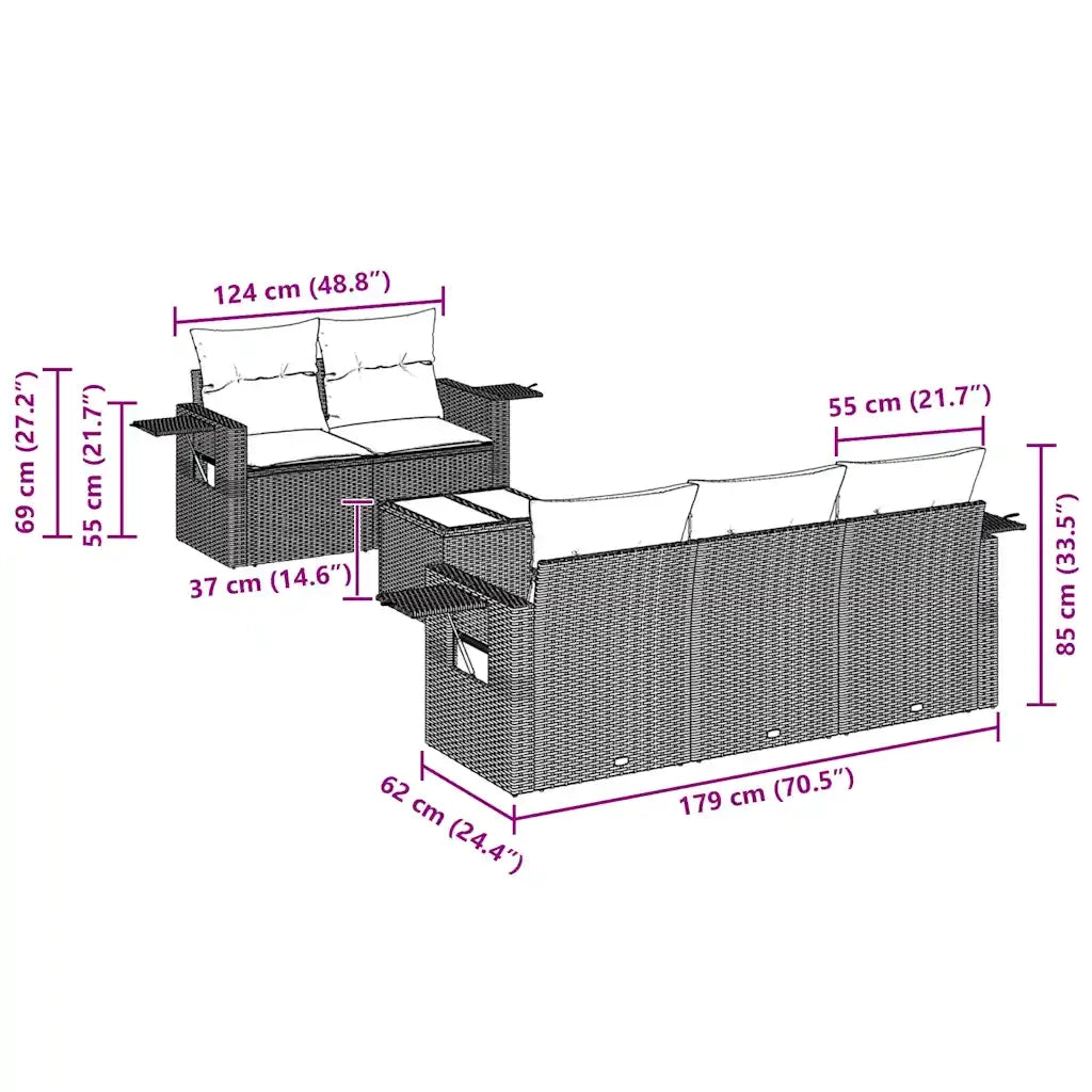 Set Divano da Giardino 6 pz con Cuscini Nero in Polyrattan