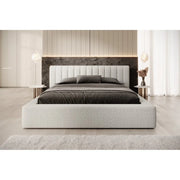 Letto contenitore CERVIN – Tessuto bouclé Nuvola sabbia – 180x200 cm – Rete sollevabile – Design contemporaneo