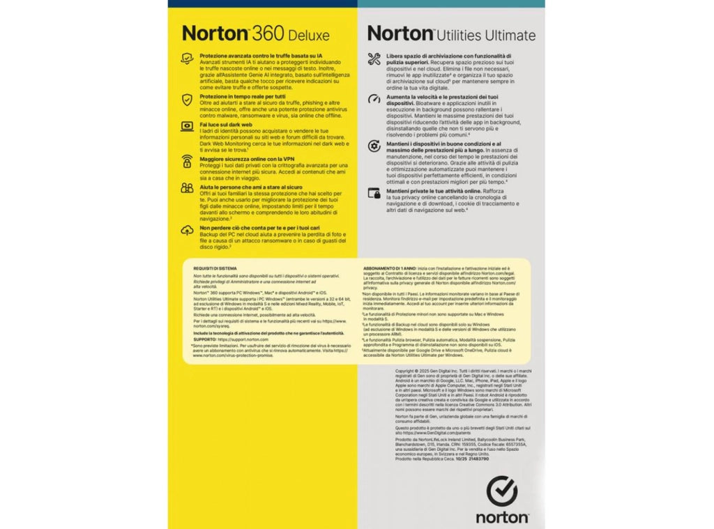 Antivirus Norton 360 Deluxe 2026 con Utilities Ultimate - 5 Dispositivi 12 Mesi - 50GB Cloud PC Mac Android