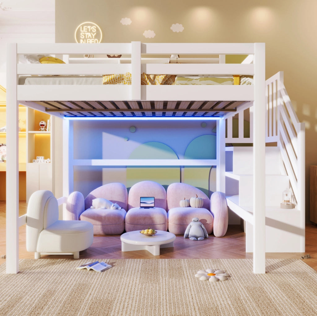 Letto a castello 140x200 cm con LED; scala con contenitore e protezioni; bianco