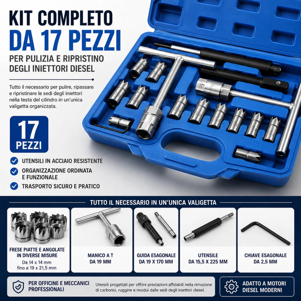 Set 17 Alesatori Frese Pulizia Sede Iniettori Diesel Auto Motore