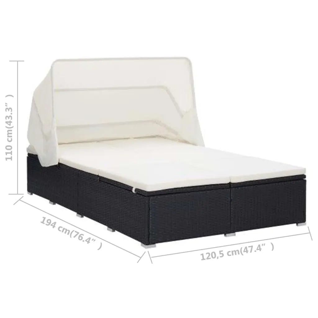 Lettino Prendisole a 2 Posti con Cuscino in Polyrattan Nero 310235