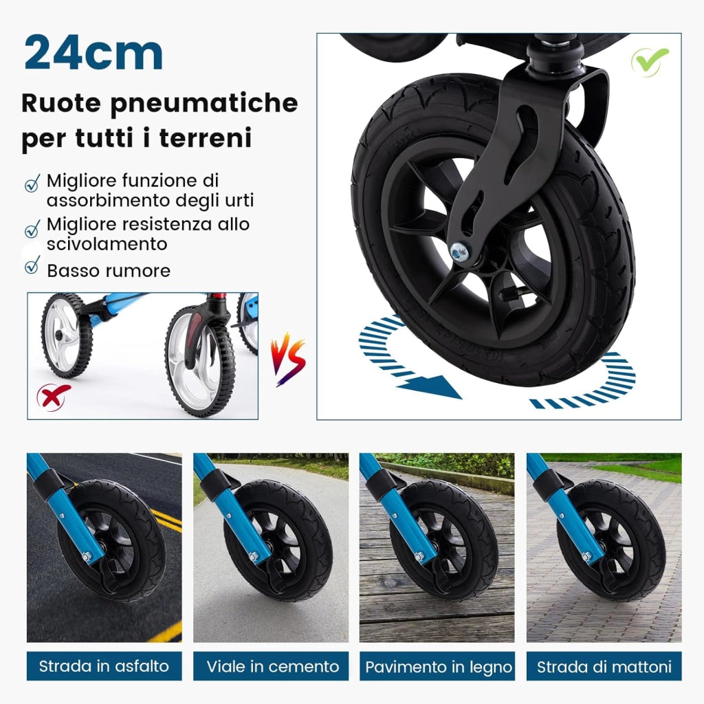 Deambulatore per Anziani Pieghevole, Deambulatore Pieghevole Regolabile in Altezza, Con 4 Ruote Gonfiabili e Borsa Portaoggetti, in Alluminio, Portata Massima di 160 kg (Blu)