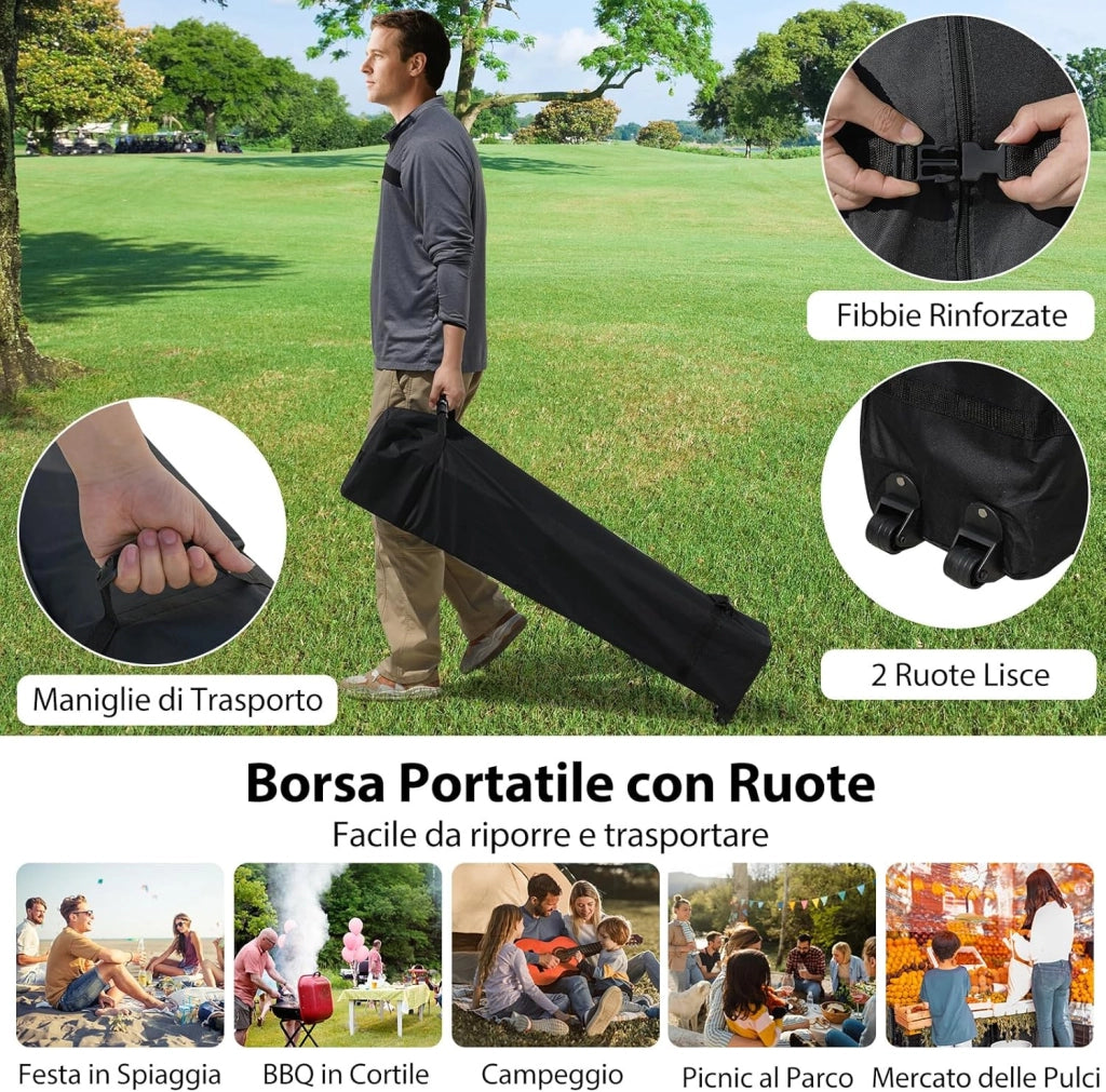 Gazebo Pieghevole 3 x 3 m, Gazebo da Esterno con Borsa con Ruote, Picchetti, Ancoraggi, Corde del Vento, Sacchi di Sabbia e Copertura Ventilata, Tendone Impermeabile per Feste (Bianco)
