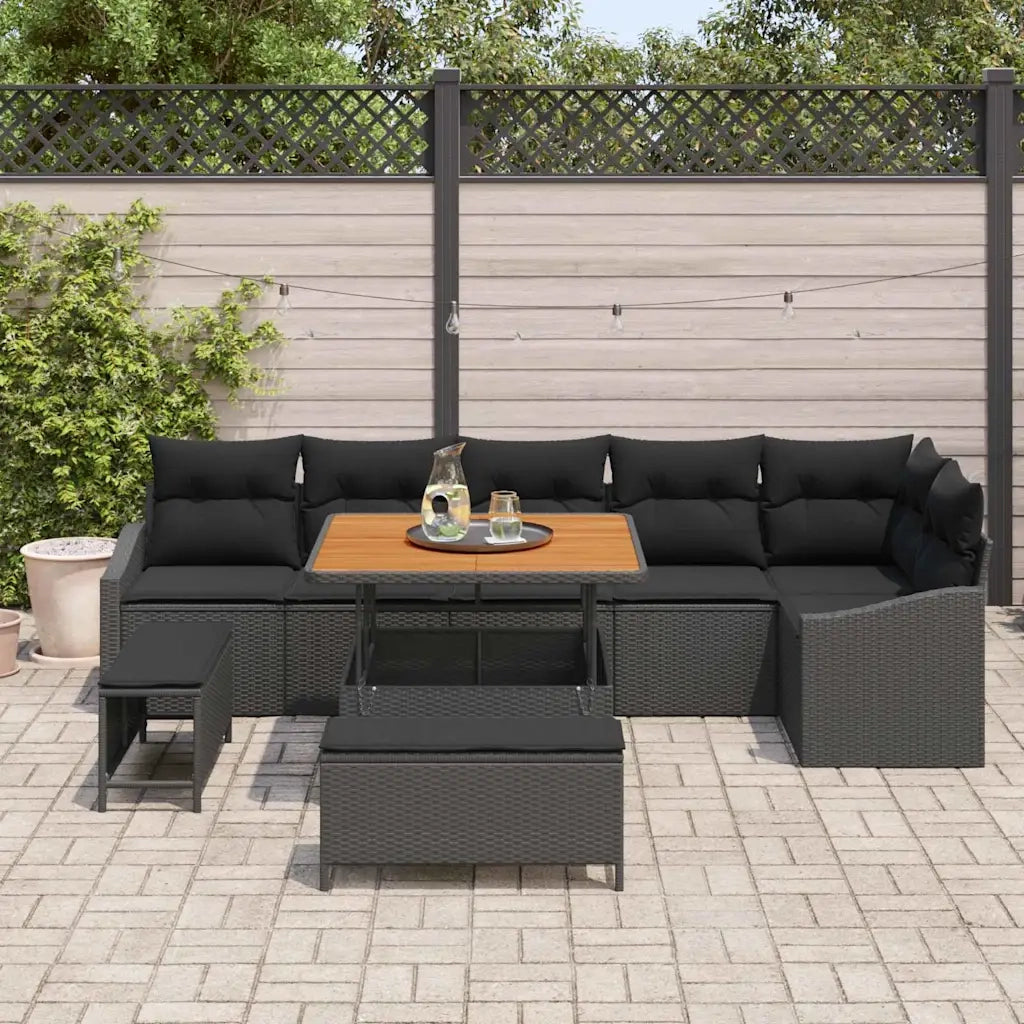 Set Divano da Giardino con cuscino 9 pcs Nero polyrattan