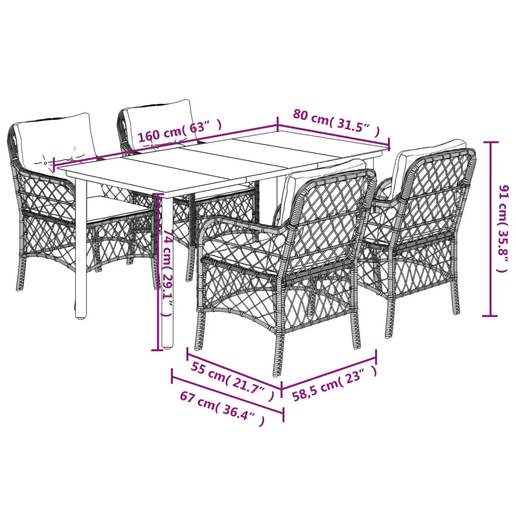 Set da Pranzo da Giardino 5 pz con Cuscini Beige in Polyrattan