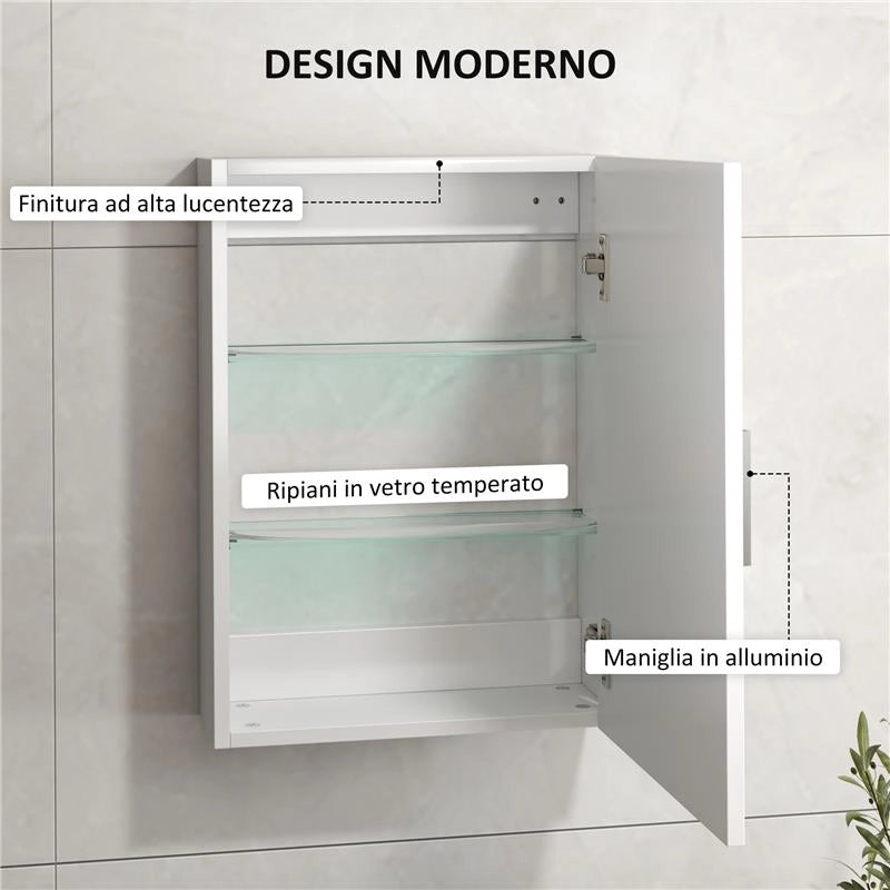 ARMADIETTO BAGNO DA PARETE IN LEGNO CON 3 RIPIANI REGOLABILI IN VETRO SU 3 LIVELLI 40X15X55 CM BIANCO