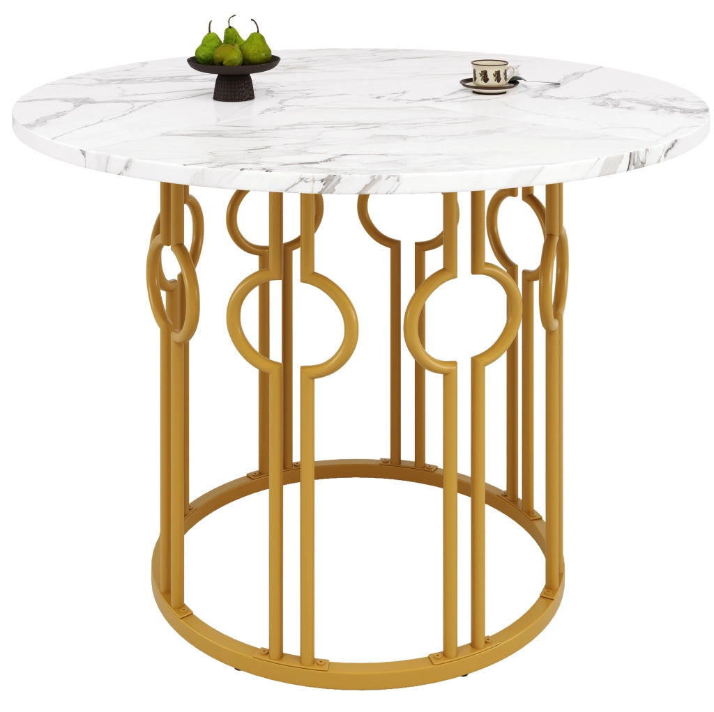 Tavolo da pranzo rotondo 100 x 100 x 76 cm in MDF e metallo; bianco e oro