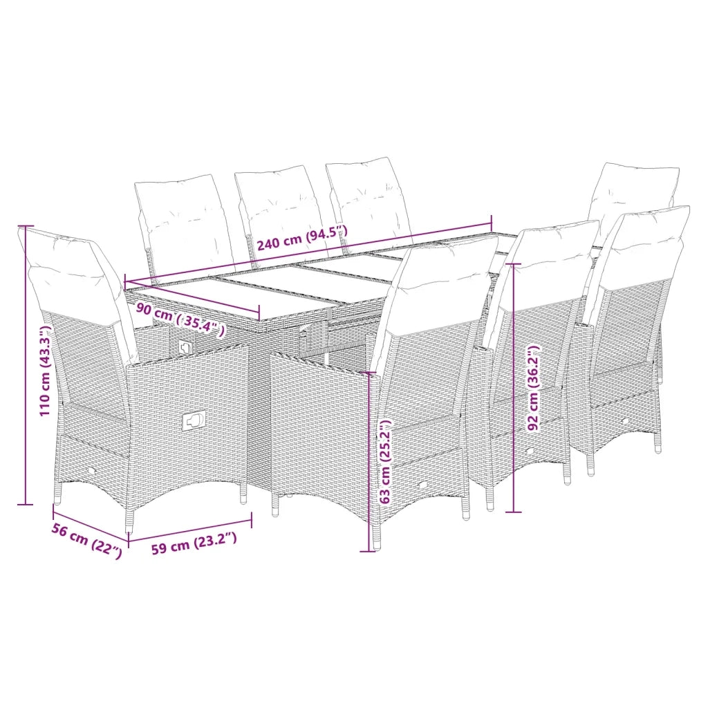 Set Bistrò da Giardino 9 pz con Cuscini in Polyrattan Nero 3277231