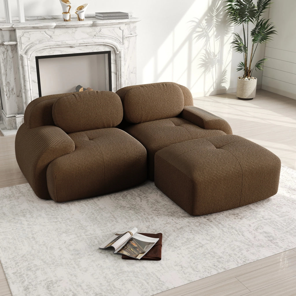 Divano Angolare Modulare ¨C MINIMAL ¨C Tessuto Cordoncino, Braccioli Curvi, Marrone