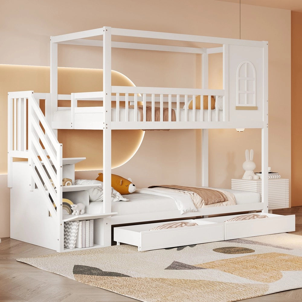 Letto a Castello Bambini in Legno Massello con Cassetti ¨C Xylo ¨C Bianco 90x200