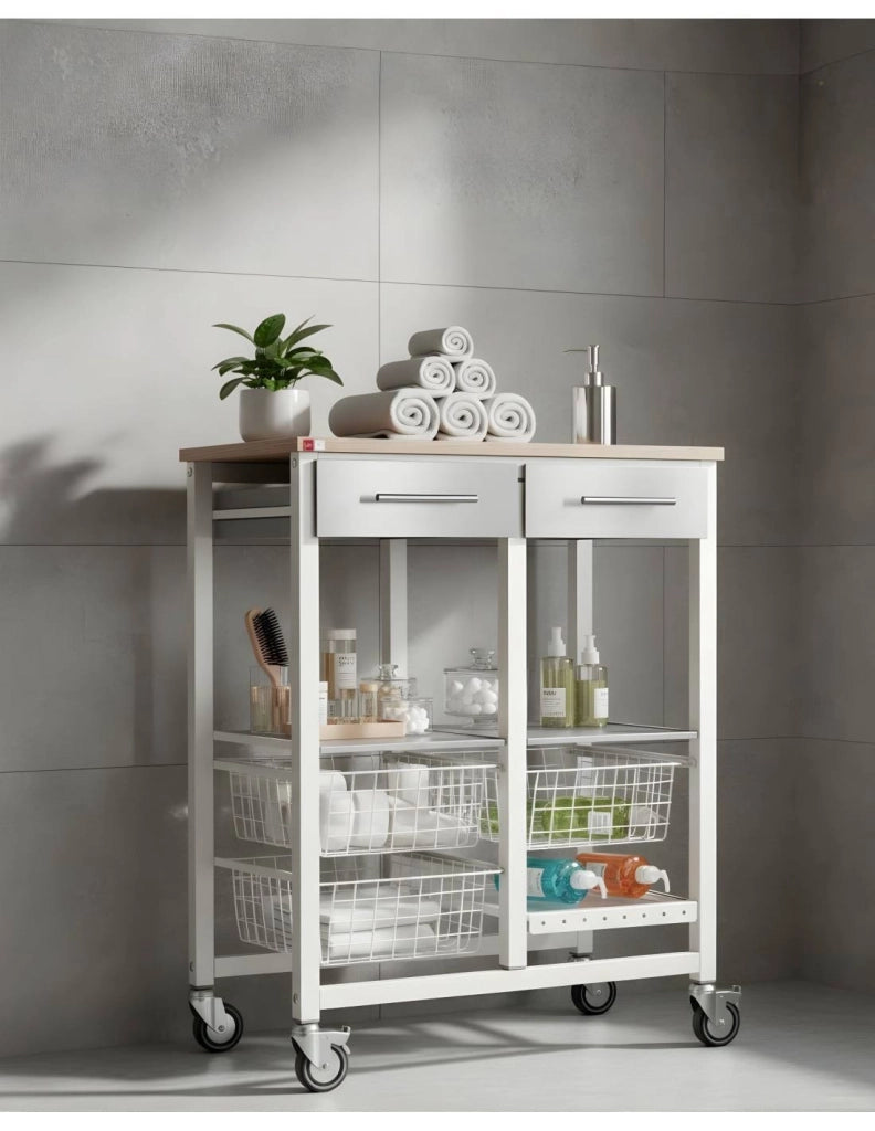 Carrello da cucina ONDA DOBLE – Carrello in metallo doppio con 3 cestelli, 2 cassetti, portabottiglie