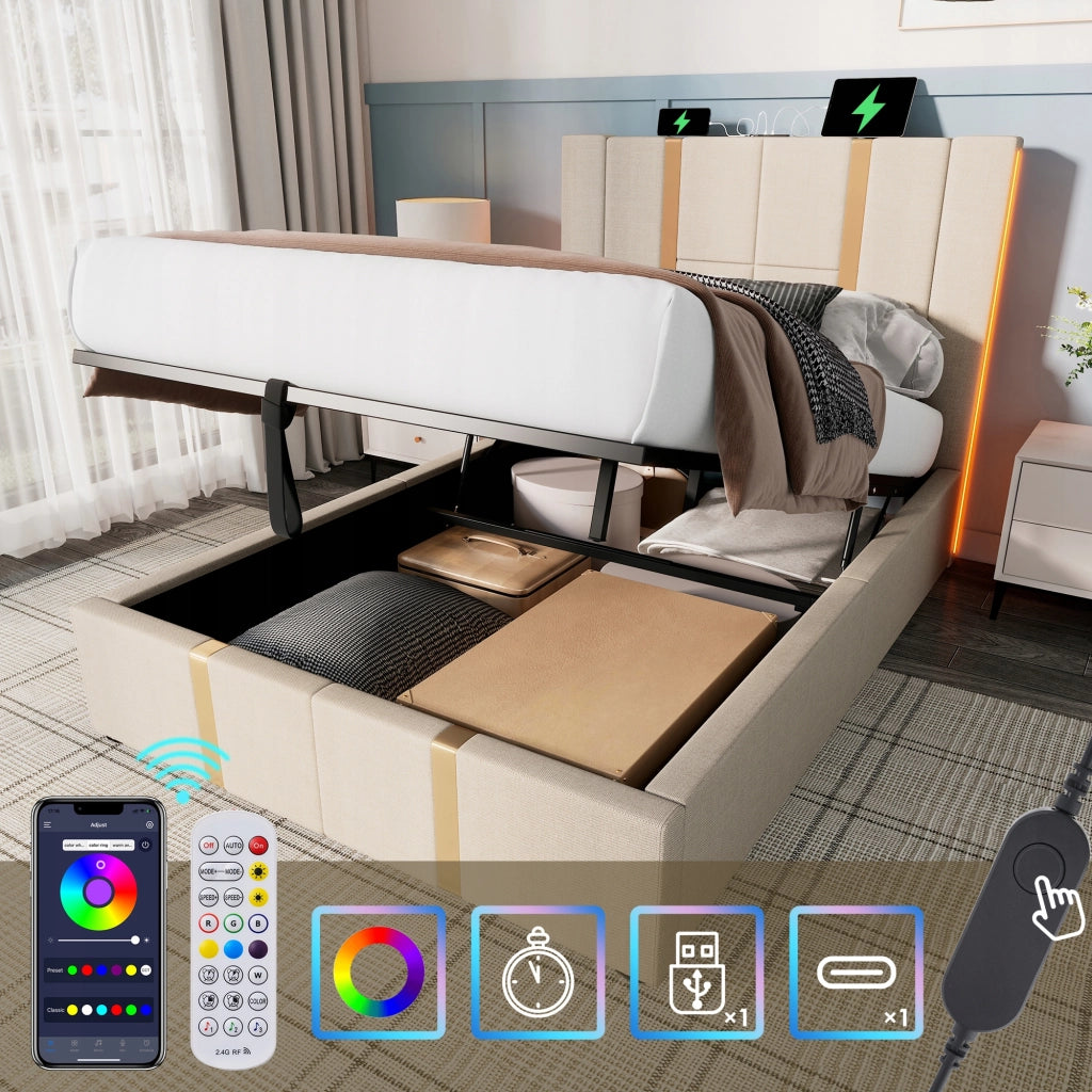 Letto imbottito 90x200 - Xylo - Beige, USB-C e LED