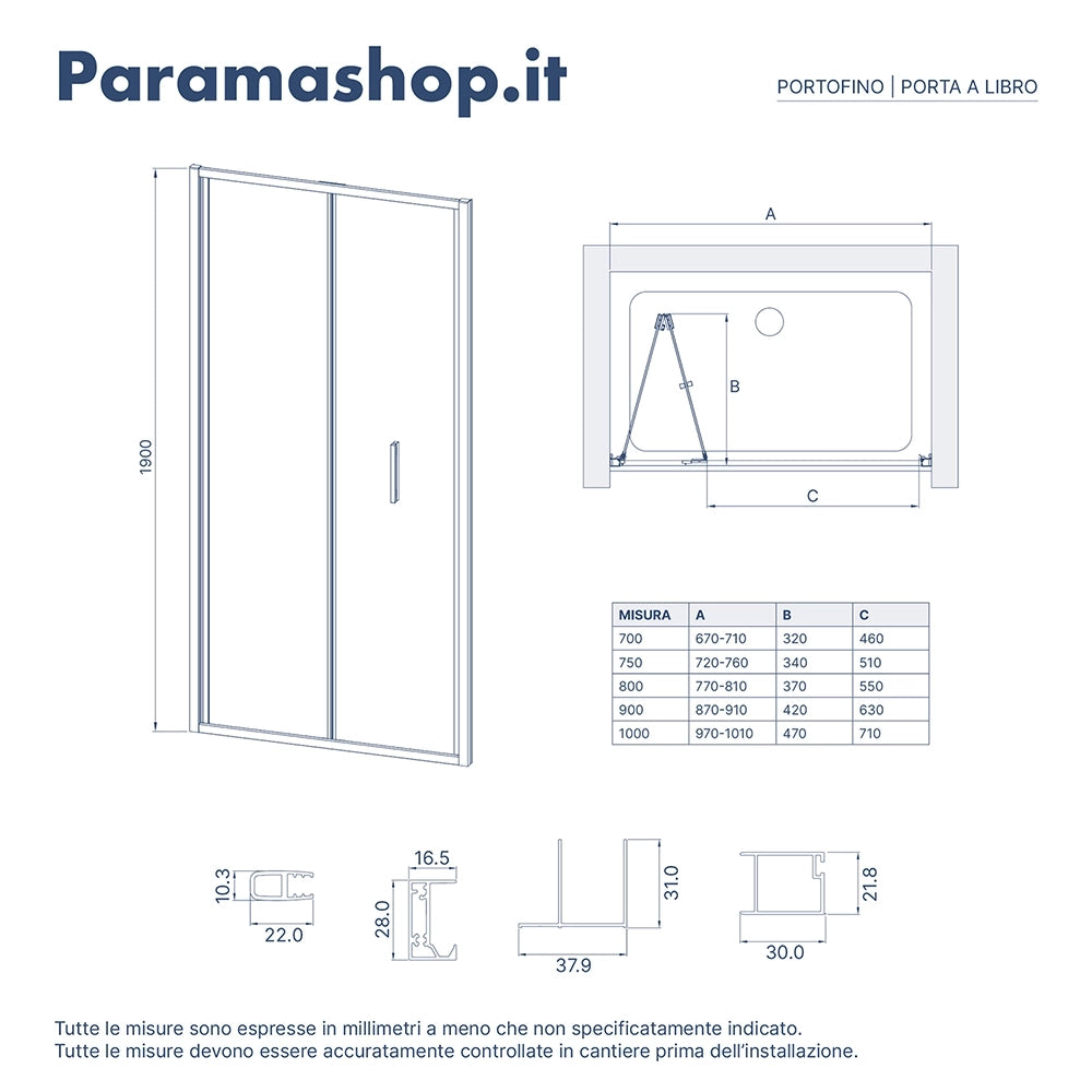 Porta doccia 70cm con apertura a libro profili slim cromati vetro 6mm opaco h190 | Portofino