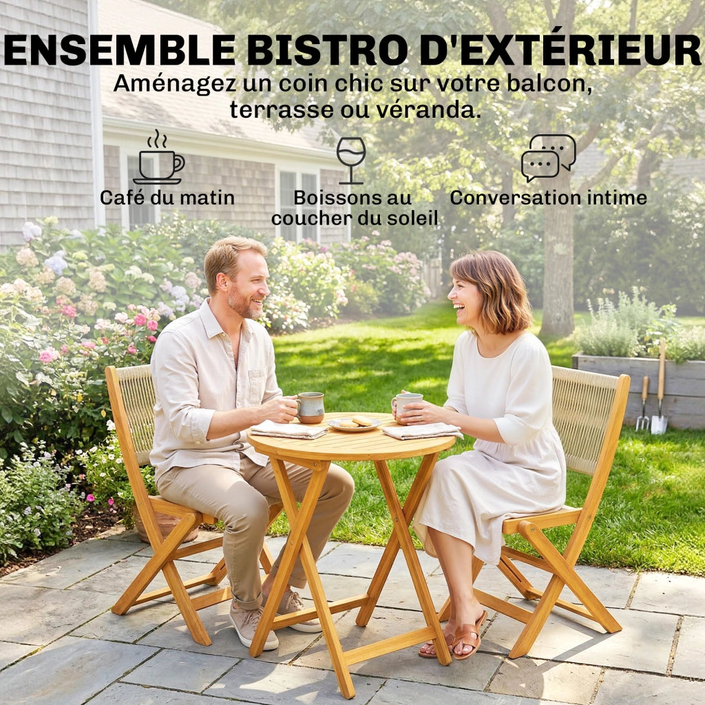 Tavolo da pranzo rotondo allungabile con 2 sedie pieghevoli ¨C Minimal ¨C Legno di acacia, corda PP naturale