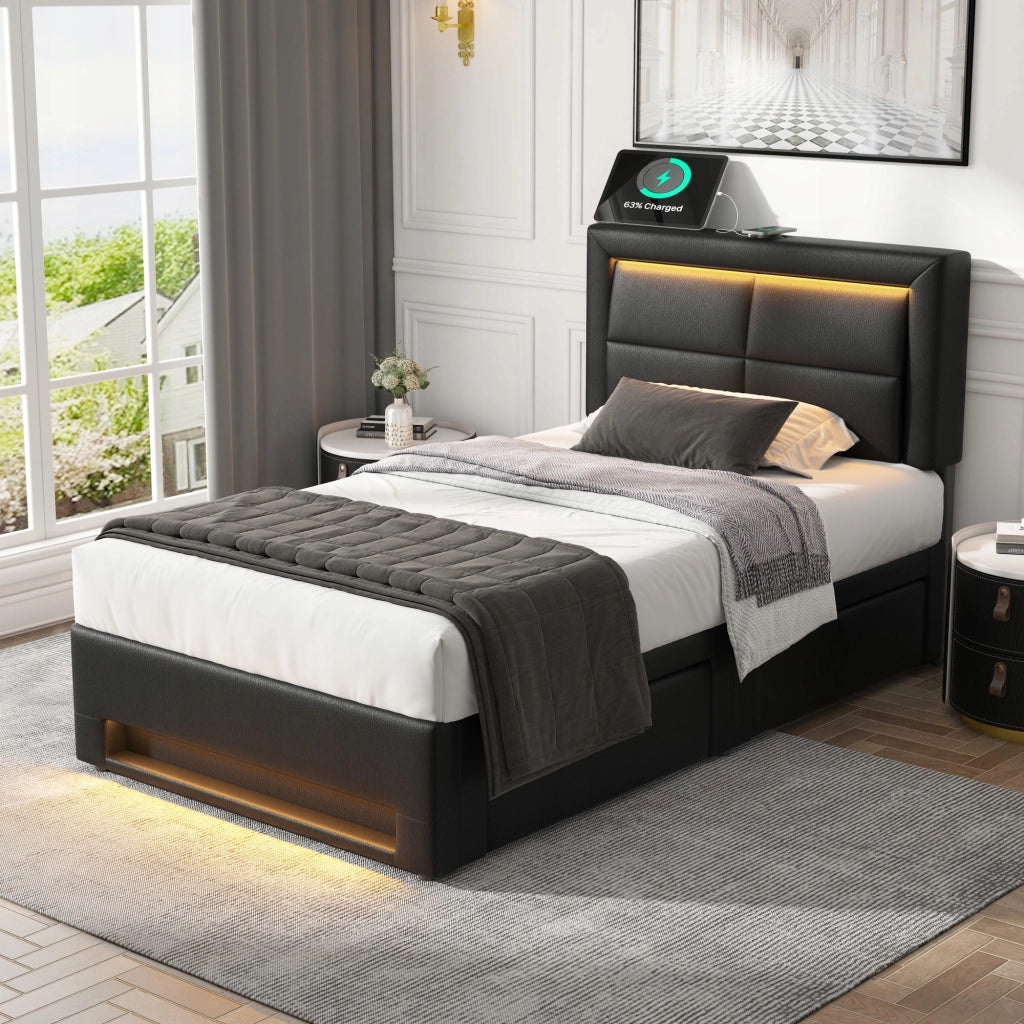 Letto imbottito con USB, LED, 4 cassetti - Xylo - 90x200 - Nero