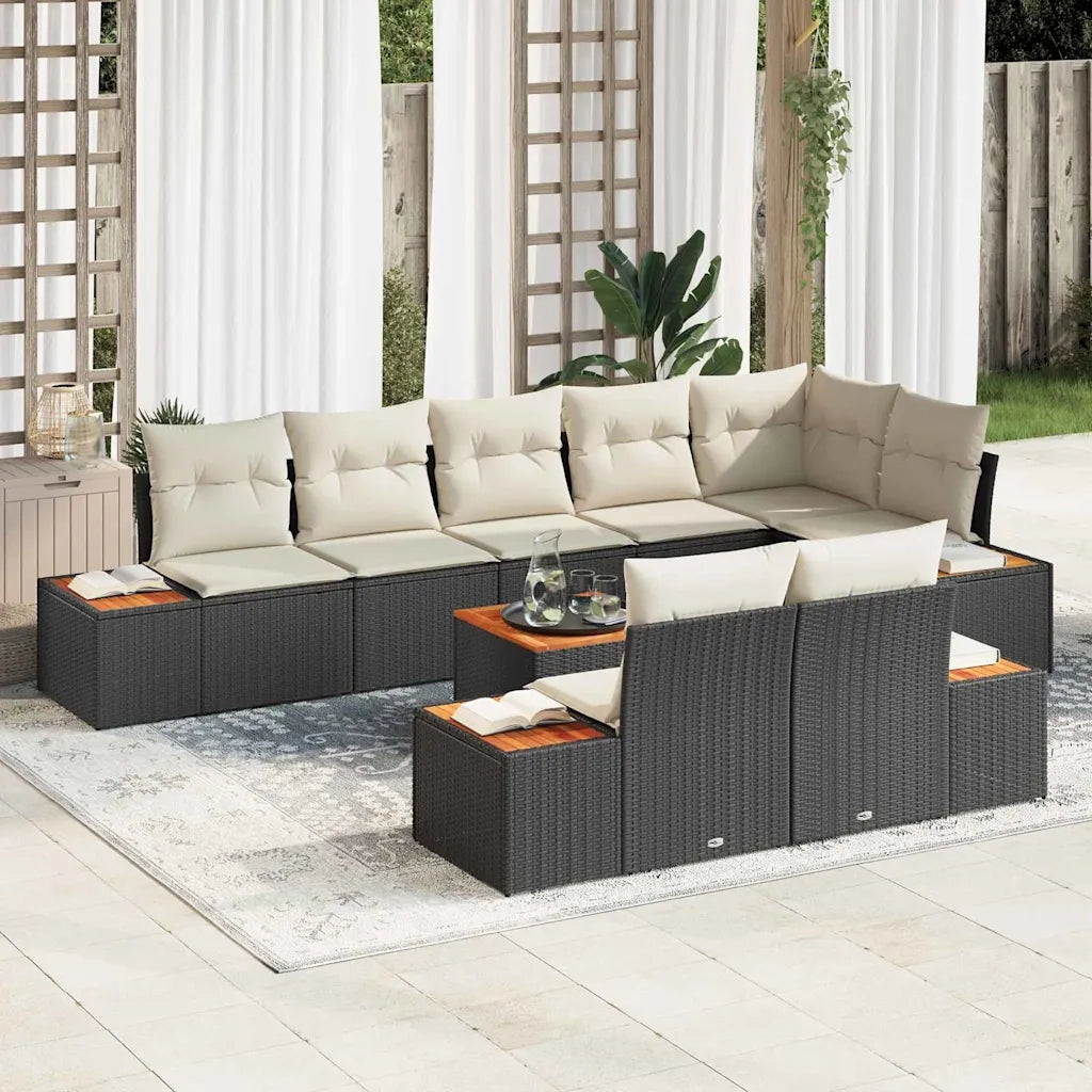 Set Divano da Giardino con cuscino 9 pcs Nero Poly Rattan