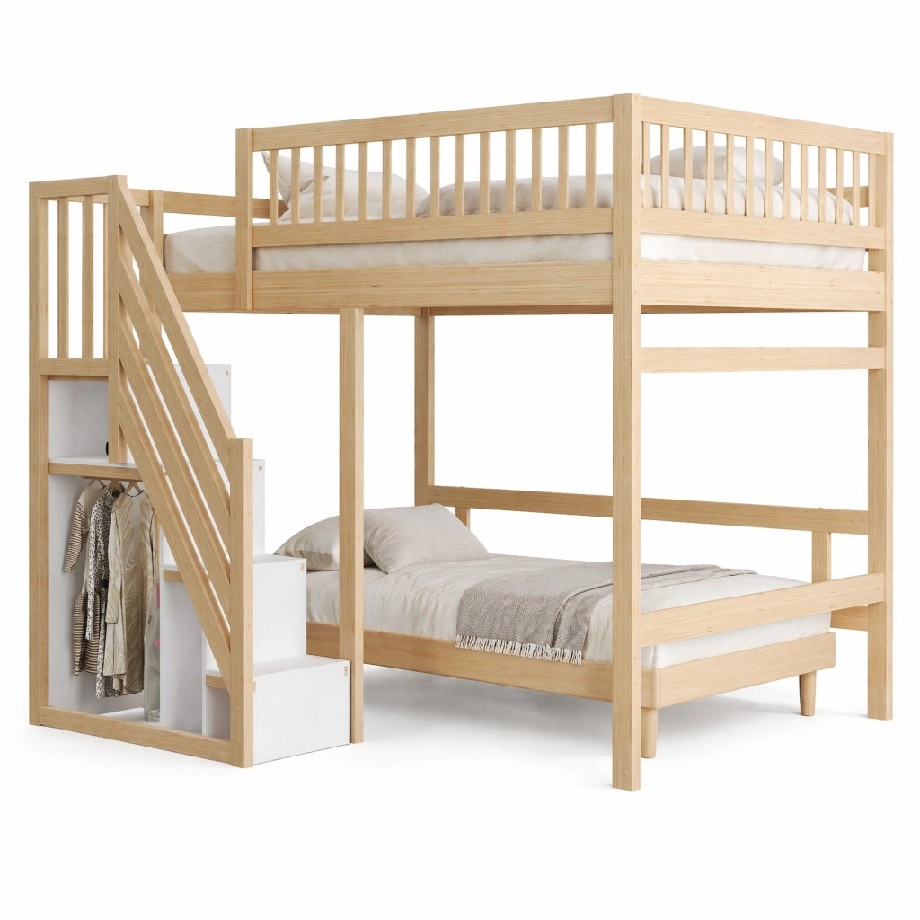 Letto a soppalco in legno massiccio 140x200 con scala contenitore e sponda alta