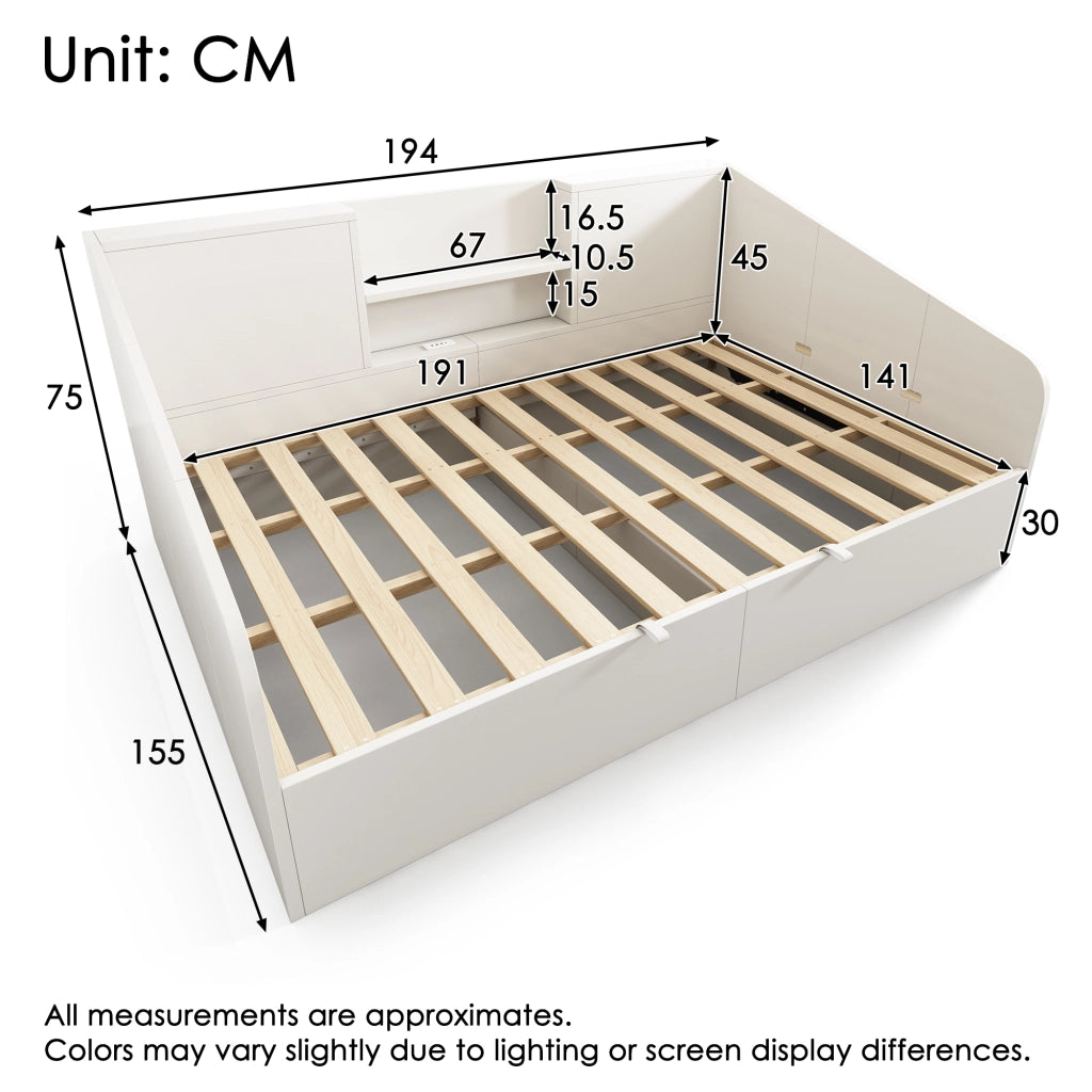 Letto a Divanetto 140 x 190 cm con Contenitore; USB; Type-C e Mensole in Legno - Bianco