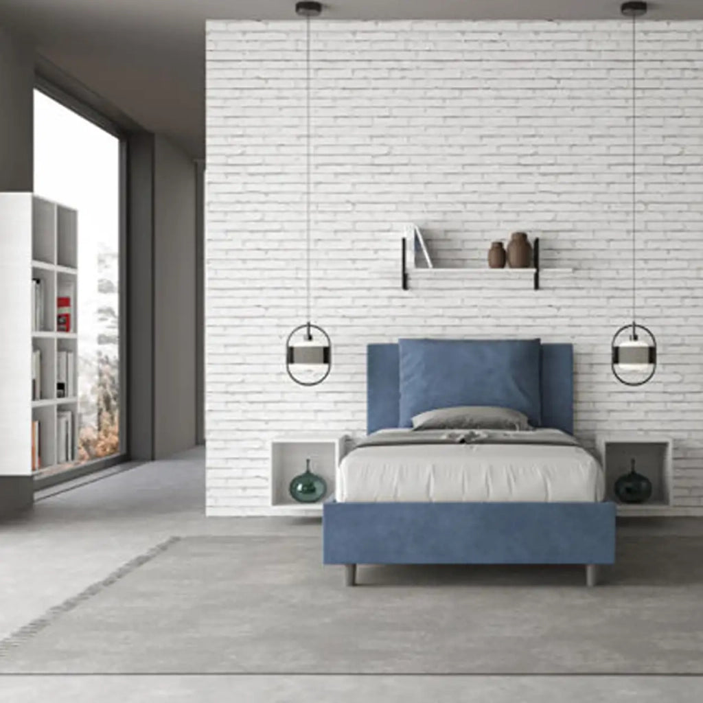 Letto una piazza e mezza con rete imbottito 120x190 microfibra blu Antea
