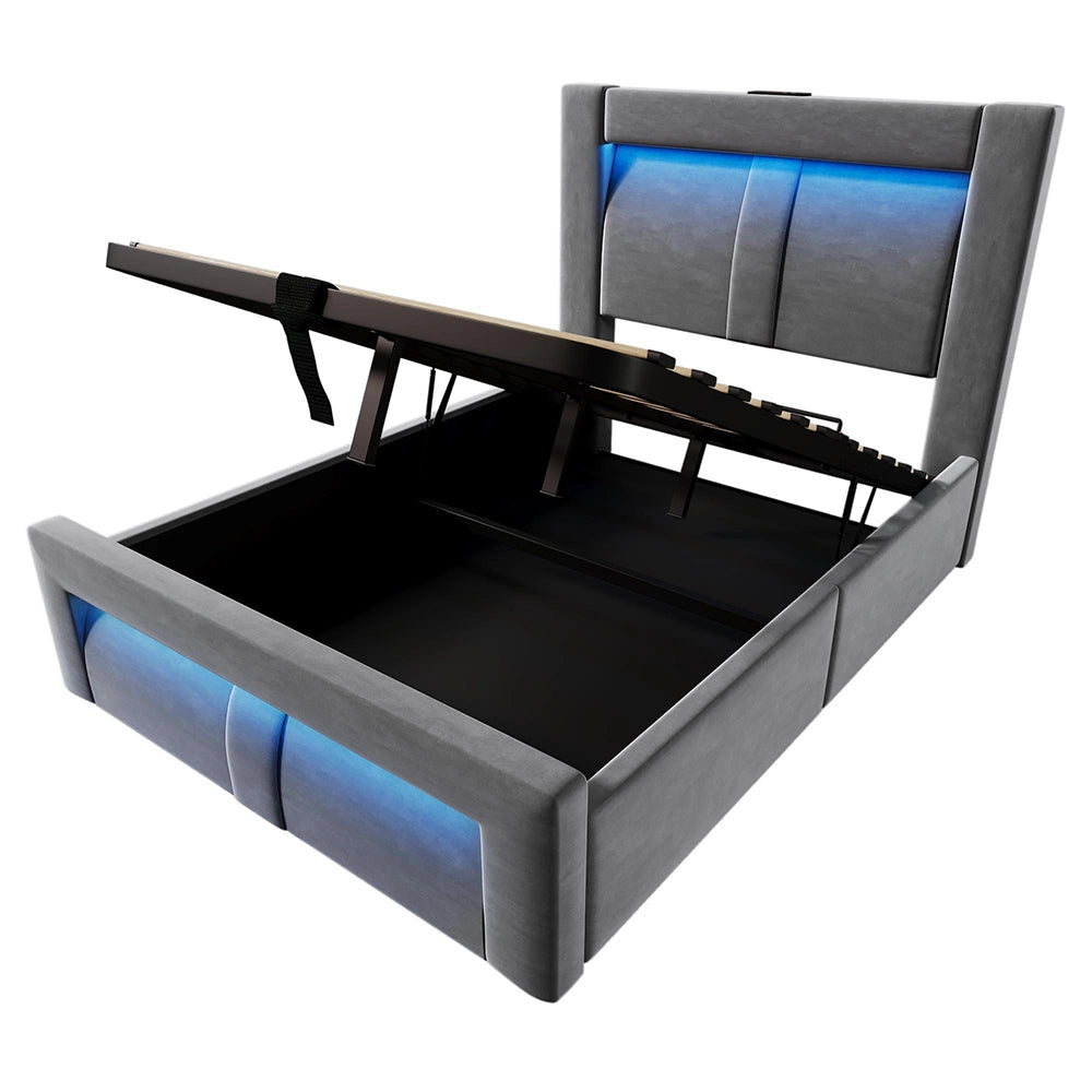 Letto-Xylo-90x200cm idraulico LED USB-C velluto testiera curva grigio