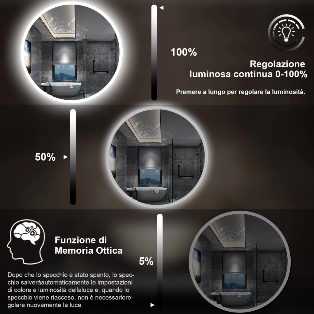 specchio 90 cm rotondo con luce led antiappannamento e touch