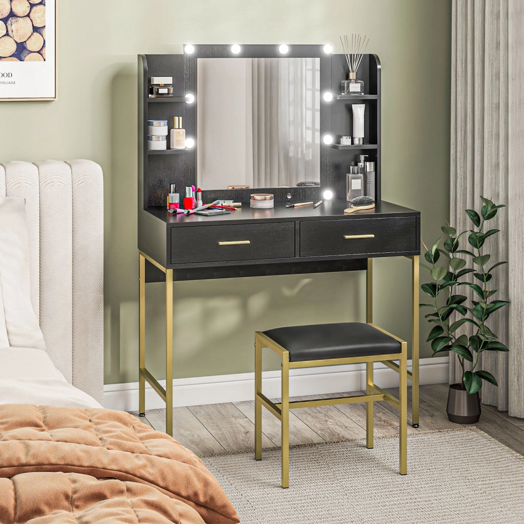 Toeletta Trucco con Specchio 10 Lampadine e Sgabello Imbottito, con 2 Cassetti e Ripiani ¨C Minimal ¨C Nero
