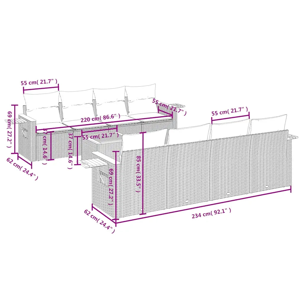 Set Divano da Giardino 9 pz con Cuscini Beige in Polyrattan 3226660