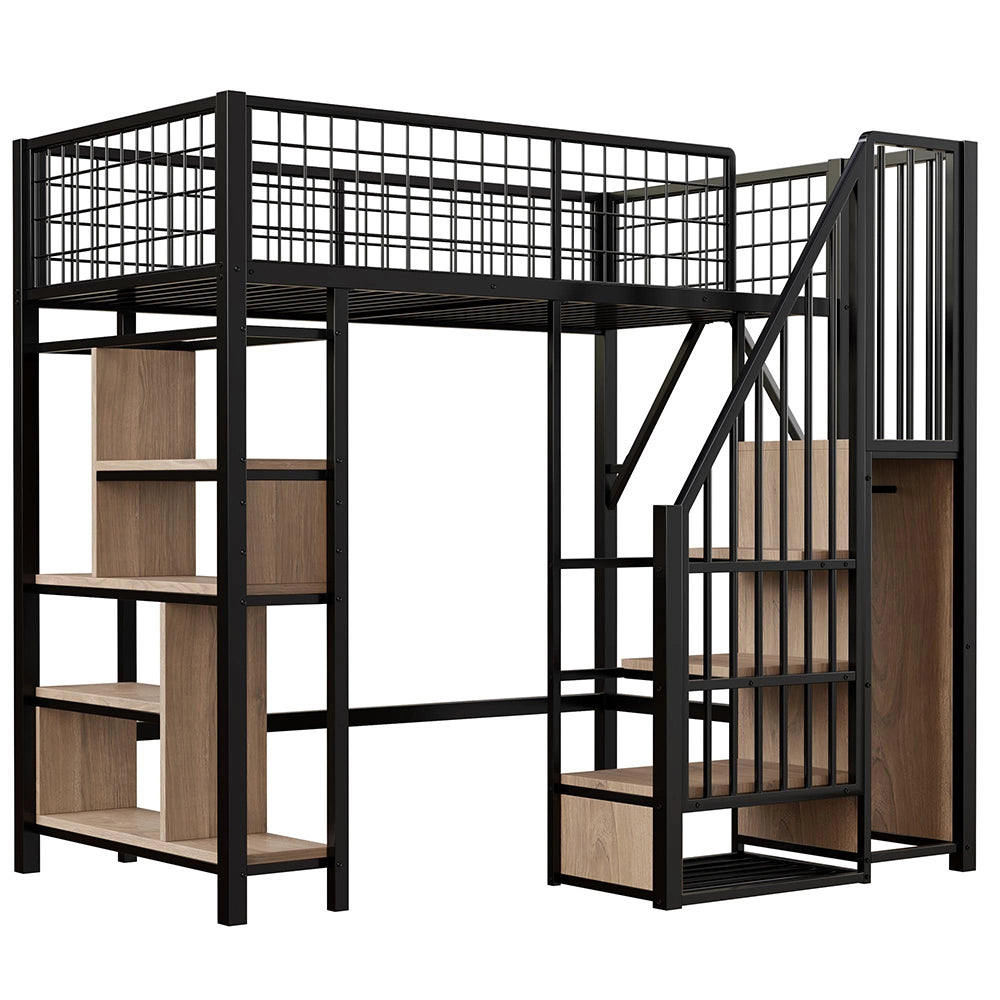 Letto a soppalco - Xylo - 90x200 cm nero con ripiani e scala