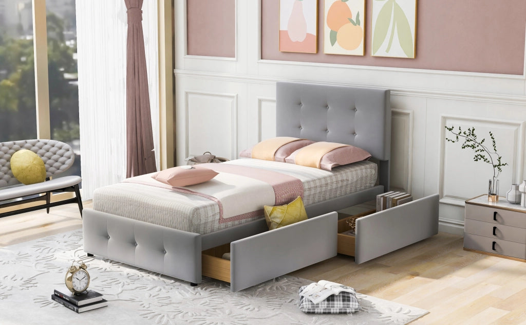 Letto imbottito 90x200 - Xylo - Grigio con cassetti e testiera regolabile