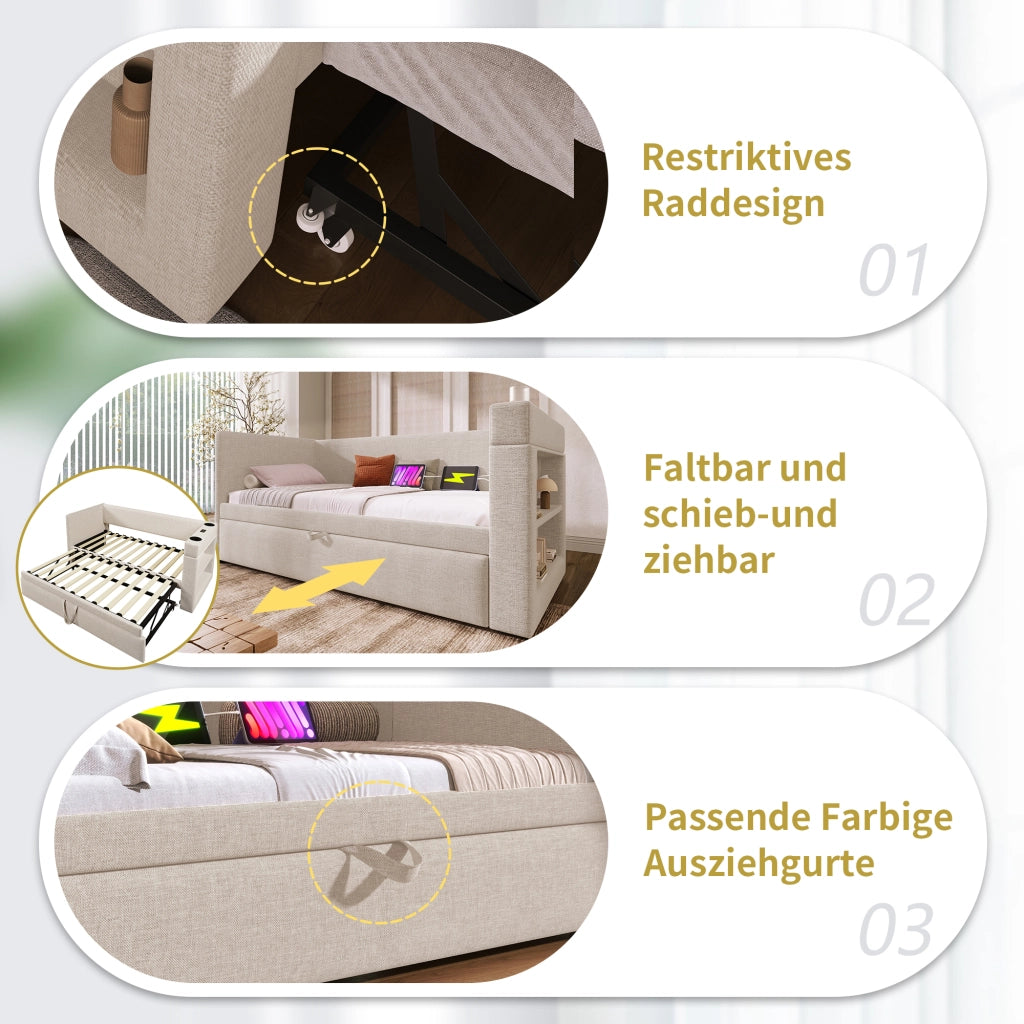 Daybed singolo – 90x190 cm – estraibile USBC portabicchieri – lino beige