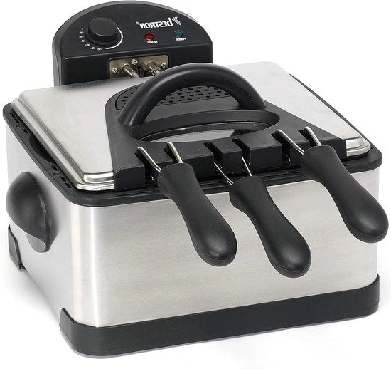 Famiglia Friteuse con Zona di Raffreddamento - Grande e Piccola Ciotola per Frittura - 4 Litri - Finestra di Visuale - 2000W - Acciaio Inox