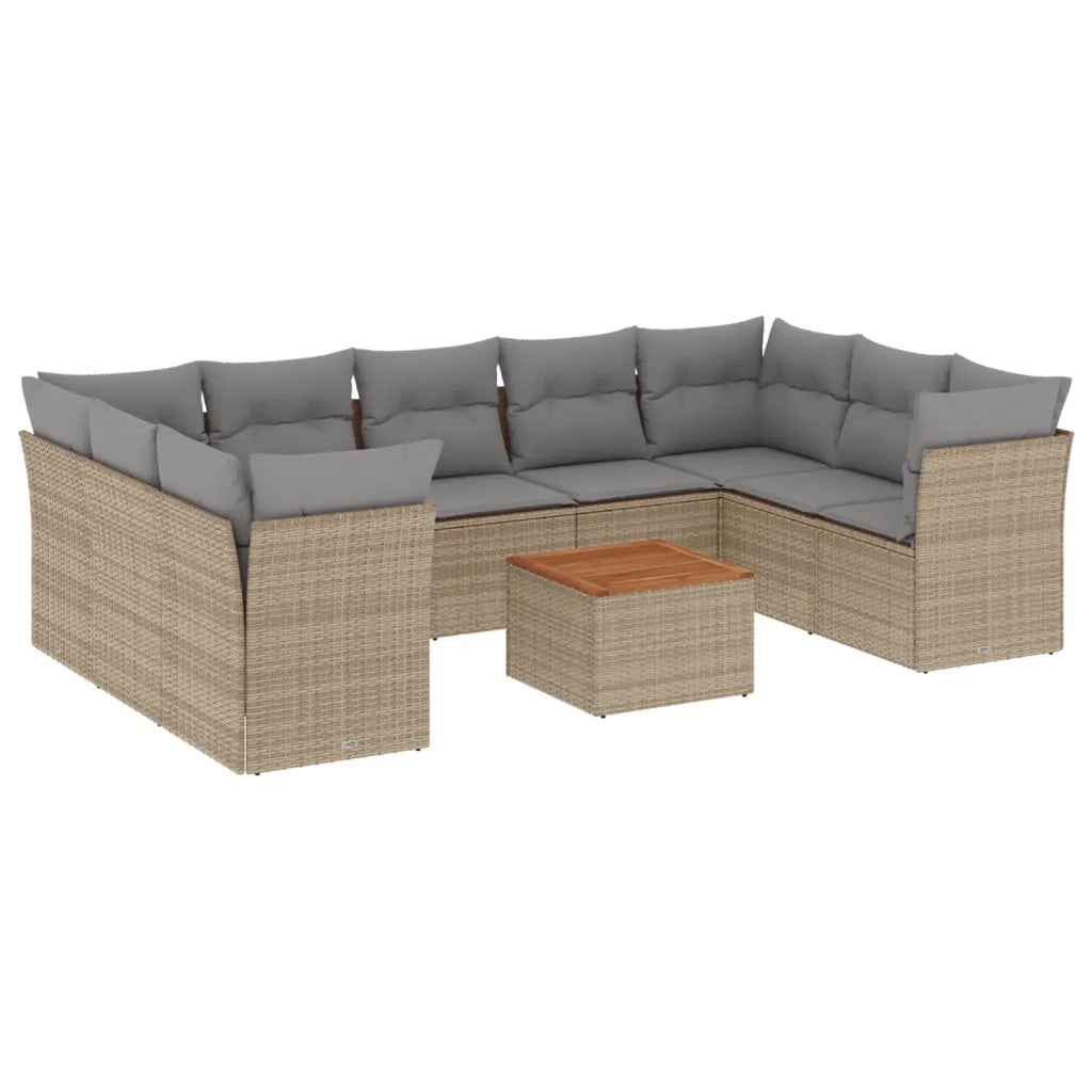 Set Divano da Giardino 10 pz con Cuscini Beige in Polyrattan