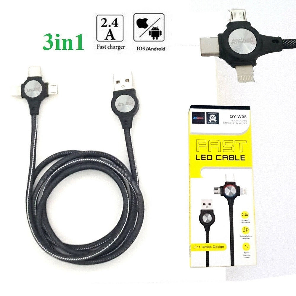 Trade Shop - Cavo Ricarica Dati 3 In 1 Micro Usb Lightning Type C Smartphone 2.4a Fast Charge -