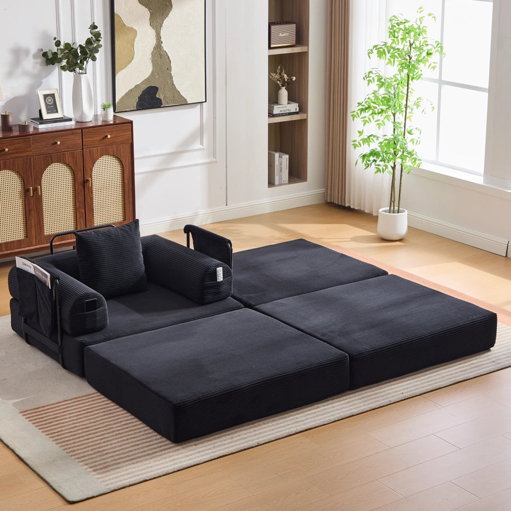 Divano modulare con tasca laterale e cuscino, seduta ergonomica in velluto a coste Nero