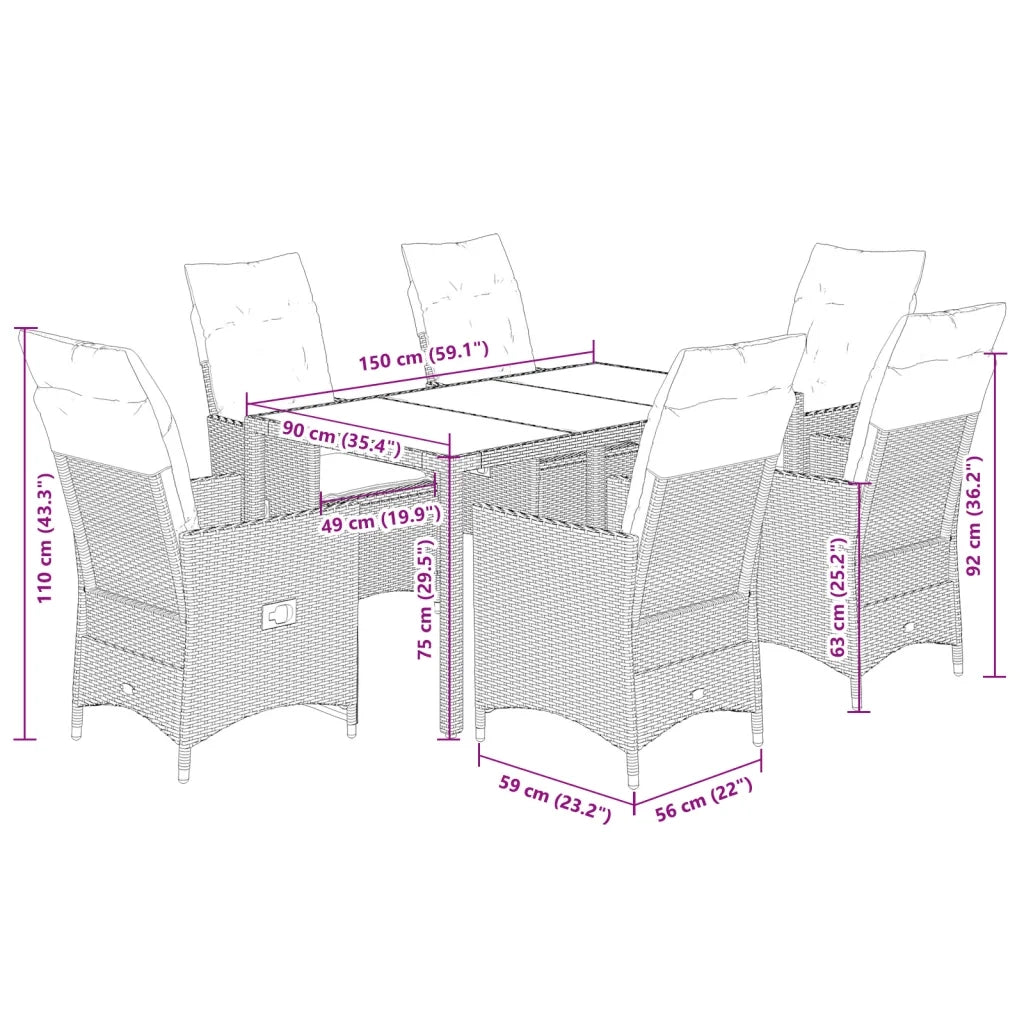 Set da Pranzo da Giardino 7 pz Nero con Cuscini in Polyrattan 3276696