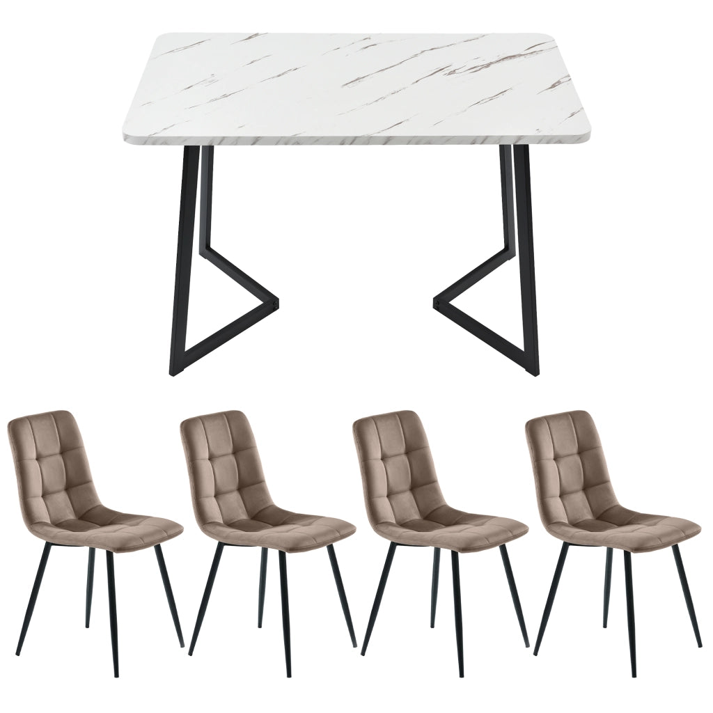 Set Tavolo da Pranzo con 4 Sedie Imbottite ¨C Xylo ¨C Piano Rettangolare 117x68 cm, Velluto Marrone, Gambe Nere